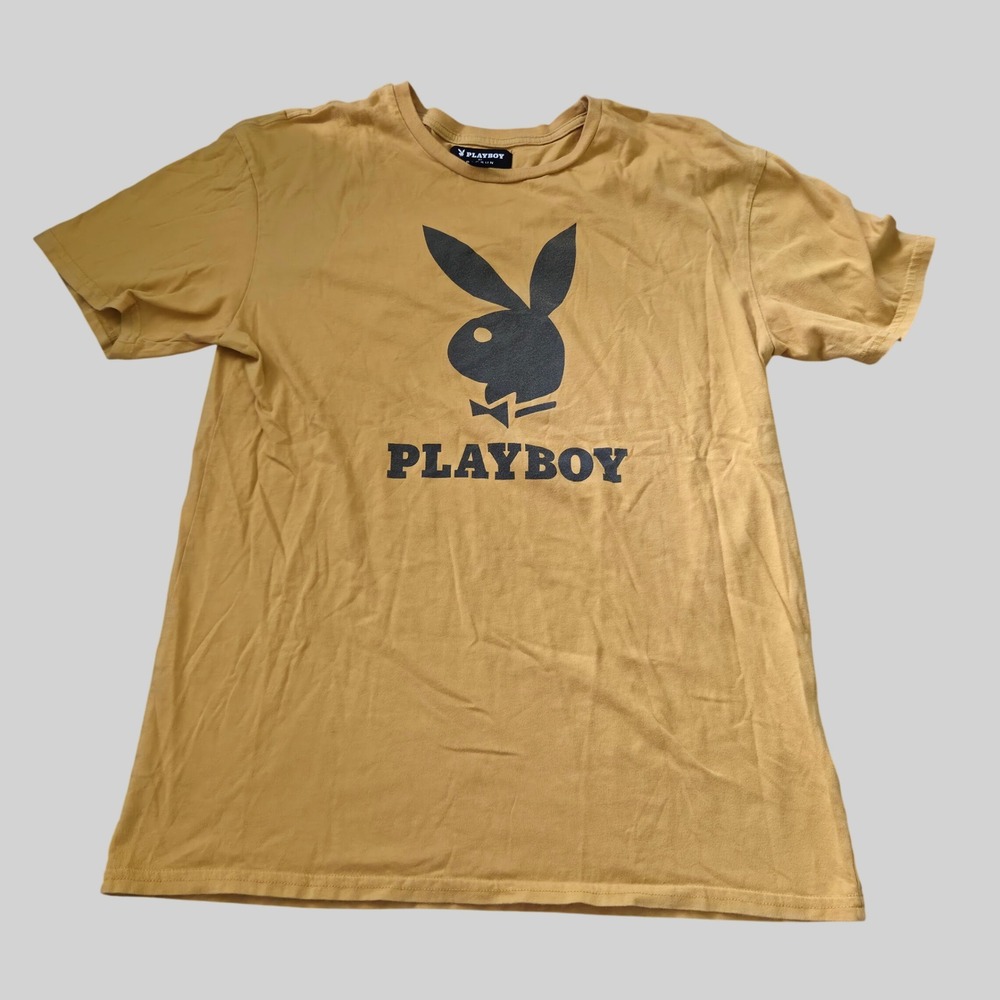 Playboy by PacSun Mens Mustard Yellow Graphic Bunny Logo Cotton T-Shirt Large